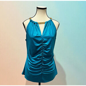 Vintage Cache Teal Satin Keyhole Chain Neckline Sleeveless Ruched Women's Size L